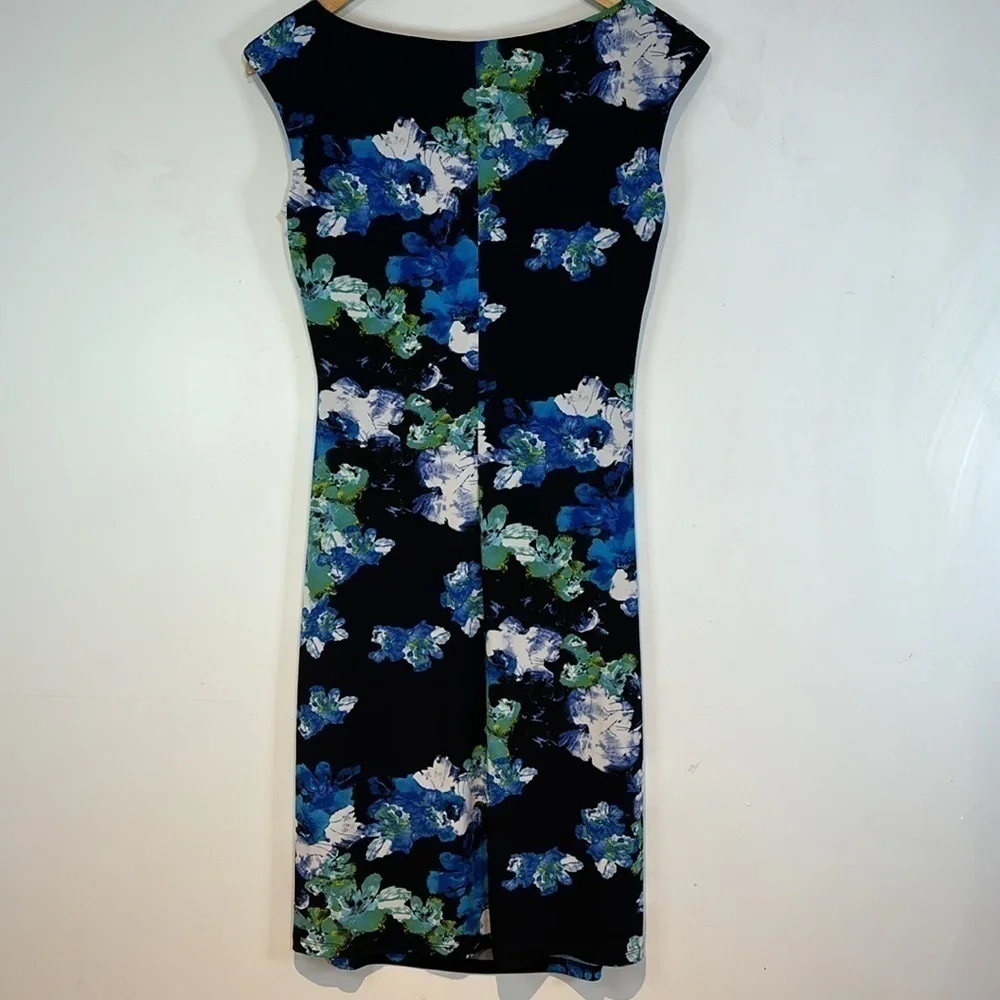 LAUREN Ralph Lauren Dress Ruched Cap Sleeves Lined Black Blue Floral Stretch Sz4 - Picture 8 of 14